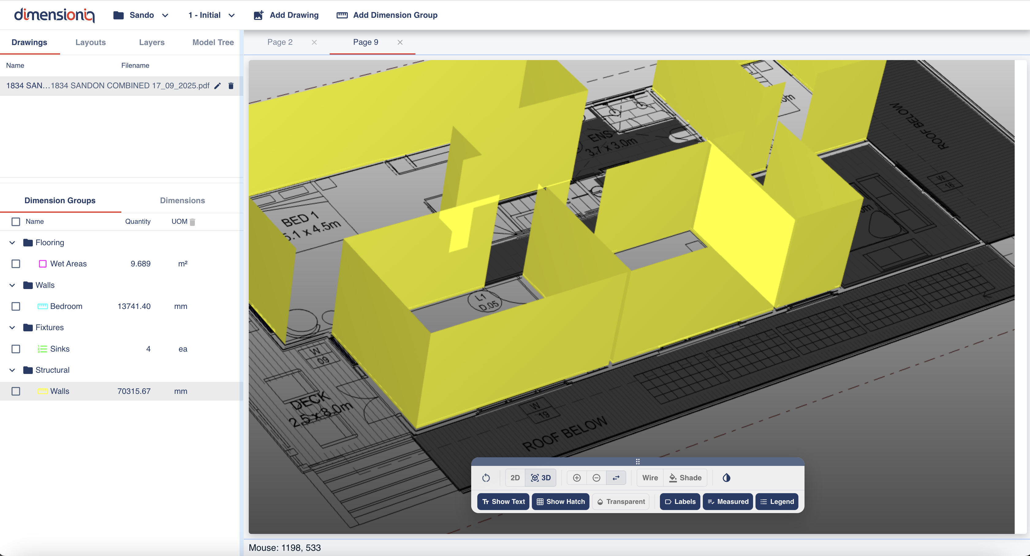 DimensionIQ rendering internal walls in 3D from a PDF plan